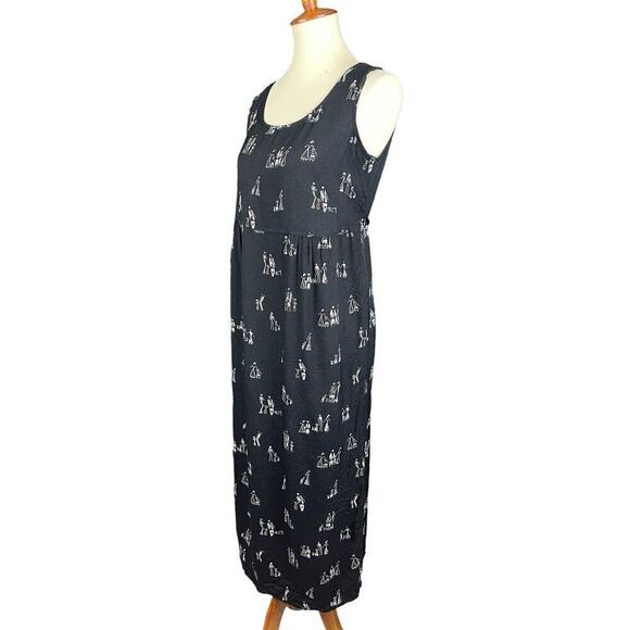 Dan Howard Black Maxi Dress Women Size Small Vintage Stick Family Print Tie Back - Picture 5 of 12